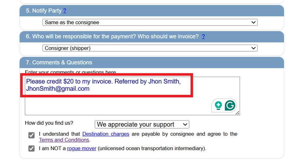 Online booking form