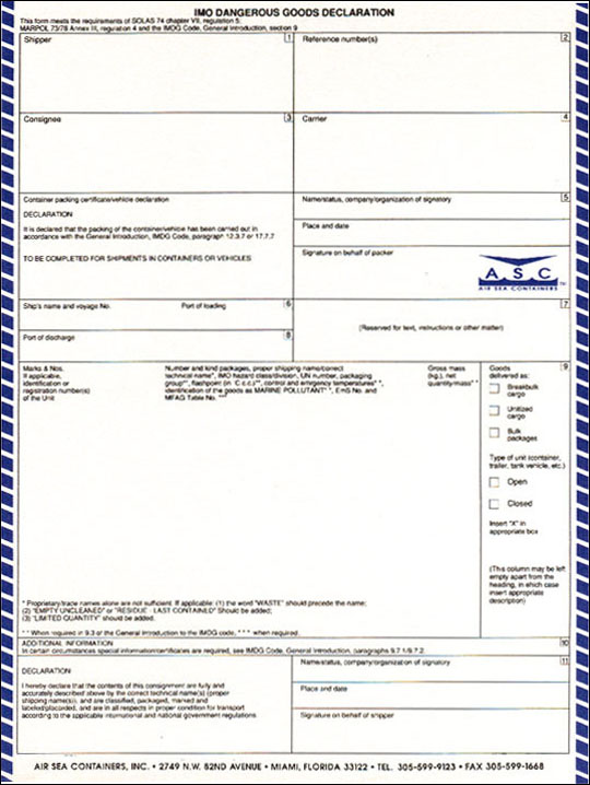 IMO Dangerous Goods Declaration 